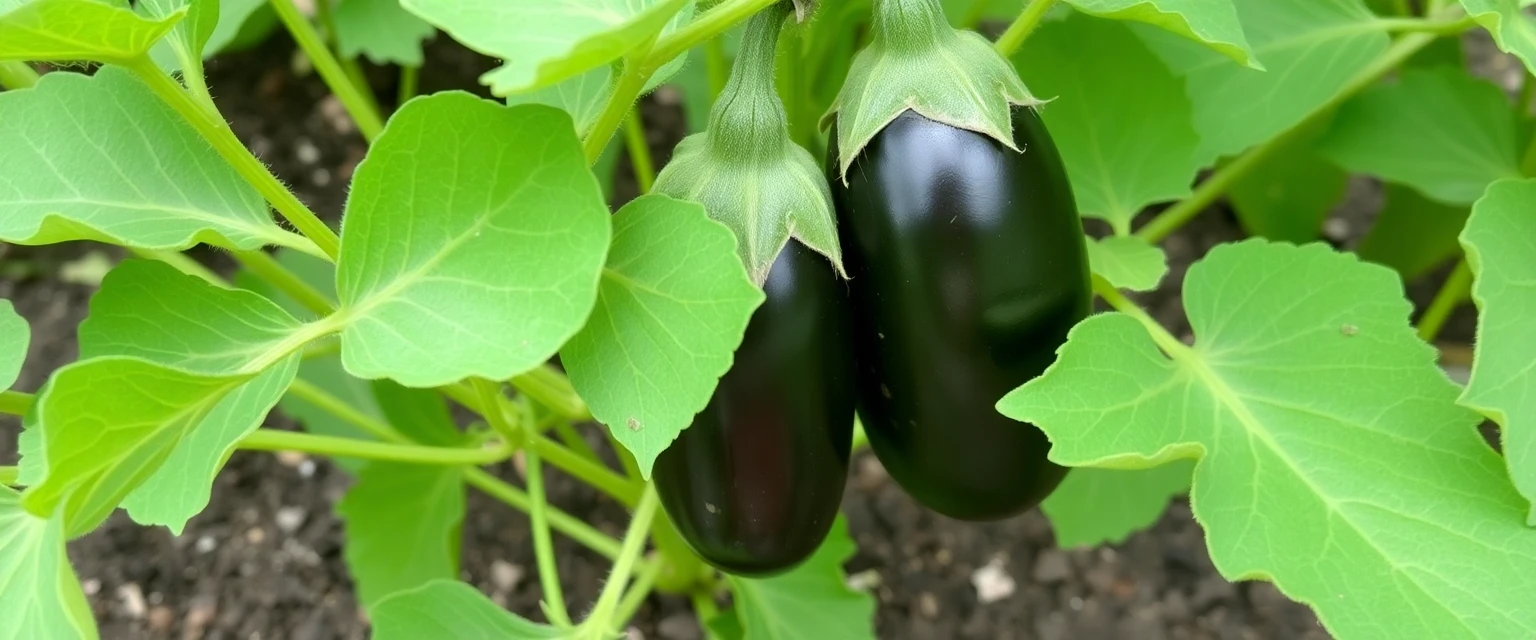 Planta de berenjena sana con hojas verdes y sin pulgones